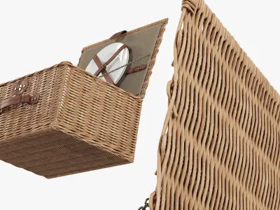 Willow Picnic Basket with Ceramic Plate Open Brown 3D model