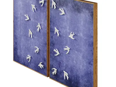Wall art with ceramic birds on a textured blue surface 3D model