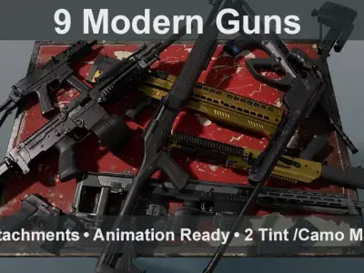 9 Modern Firearms Pack - AAA - Game Ready - Rigged Low-poly 3D model