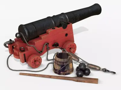 Old Naval Cannon - Painted Wood Low-poly 3D model