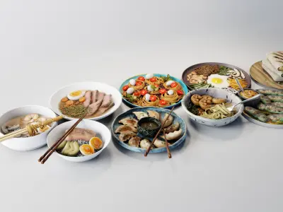 Food collection plate of spring rolls with sauce 3D model