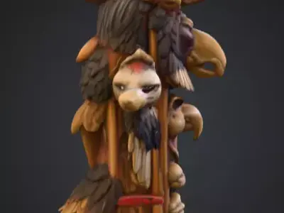 Vertical Native American medicine totem with Animal Low-poly 3D model