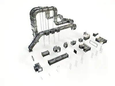 Industrial Modular Ventilation System 20 Parts Low Poly Textured Free low-poly 3D model