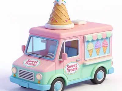 Stylized 3D Pastel Ice Cream Truck Model Low-poly 3D model