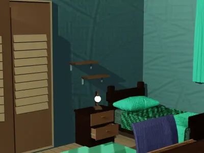 3D Model of a Cartoon-Style Youth Room with Wooden Furniture Free low-poly 3D model
