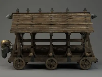 medieval-battering-ram wooden cart with wooden roof 3D model