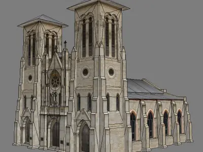Cathedral church with two towers Low-poly 3D model