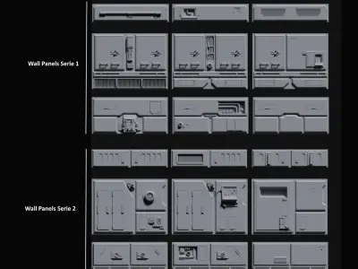 Sci-Fi Wall Panels Kit II - 18 Parts - Props 3D model