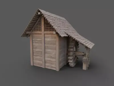 Enterable small early medieval watermill Low-poly 3D model