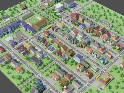 City Private houses Low-poly 3D model