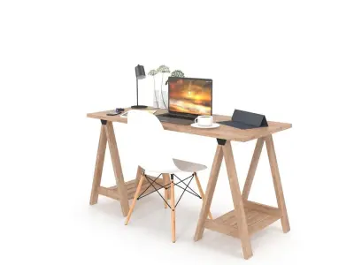 Desk set with laptop and chair 3D model