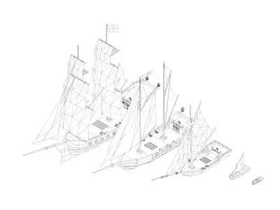 Low Poly Pirate Ships with Wrecked Versions Low-poly 3D model