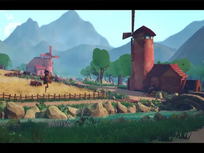 Stylized Windmill Valley Low-poly 3D model