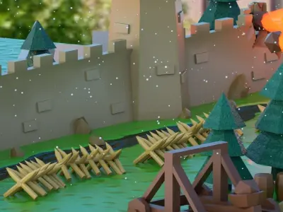 Isometric low-poly medieval castle wall Low-poly 3D model