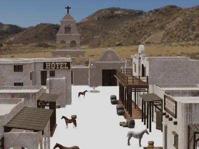 MEXICAN low poly western cowboy village in kit Low-poly 3D model