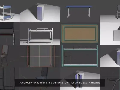 A collection of furniture in a barracks room for conscripts 