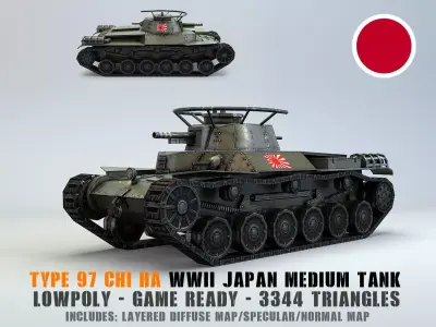 Low Poly Type 97 Chi Ha medium tank Low-poly 3D model