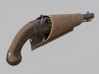 Pirate flintlock pistol with holster Low-poly 3D model