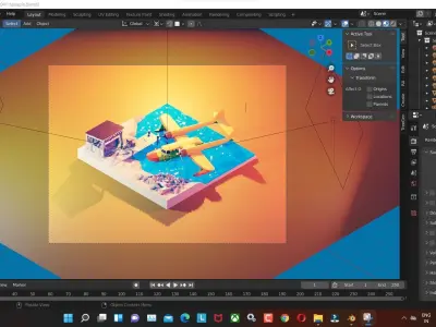 Plane TaleSpin Low-poly 3D model with water and rock and house 3D model