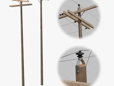 Utility Pole - Dark Wooden Mast with Single Crossarms 3D model