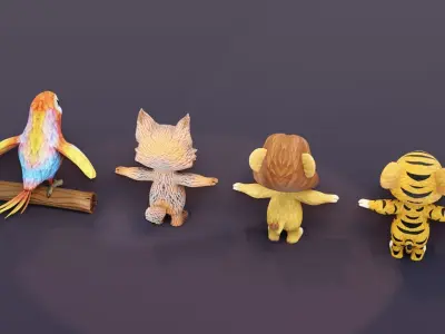 Tiger Lion Grey Fox Ara Parrot Pack 3D Model Low-poly 3D model