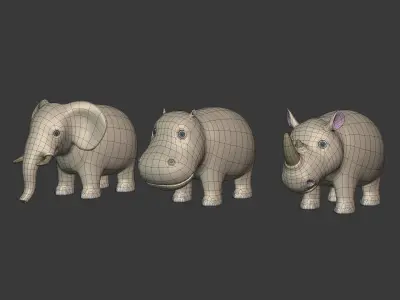 Cartoon Animals Pack - Elephant --Rhinoceros -- Hippopotamus Low-poly 3D model