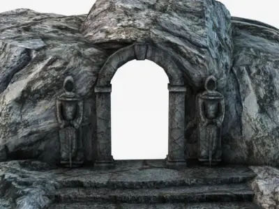 Ancient entrance with stone statues 3D model