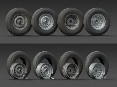 Set of 5 mid-poly vintage car wheels 3D model