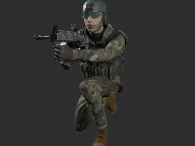 Soldier in camouflage holding rifle Low-poly 3D model