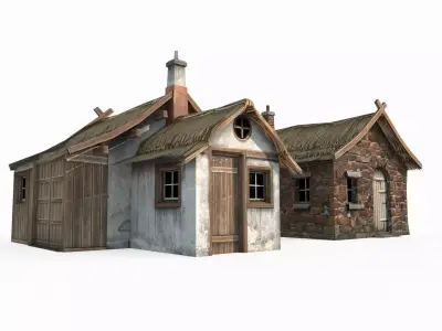 Hand drawn medieval architecture with two thatched cottages 3D model