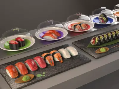 sushi belt Kaitenzushi and dishes Giapan seafood Low-poly 3D model