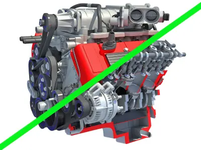 Full and Cutaway V8 Engine 3D model