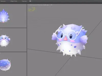 Cartoon purple pufferfish with glasses Low-poly 3D model