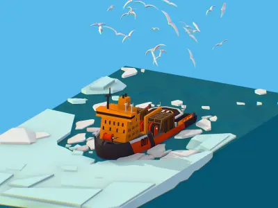 Isometric Boat breaking Ice North pole sea Icebreaker  Low-poly 3D model