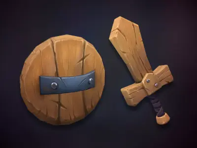 Wooden Shield and Sword Low-poly 3D model