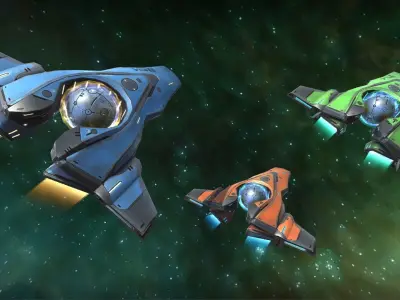 SpaceShip three spaceships flying in space Low-poly 3D model