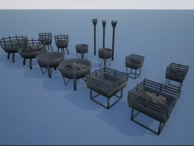 Medieval Iron Firepit and Torch Low-poly 3D model