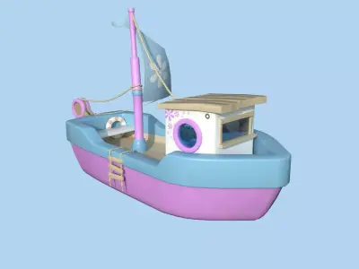 Cartoon Boat 05 - Pink Blue - Low Poly Ship Low-poly 3D model