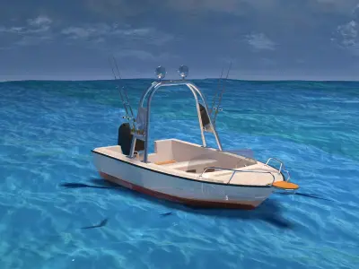a small motorboat floating on a calm 3D model