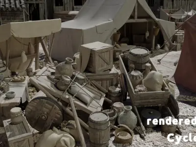 Highly detailed busy medieval town square with market stalls Low-poly 3D model