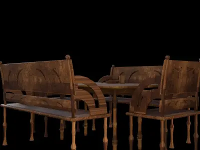 Wooden Table Chairs Tableware Free 3D model