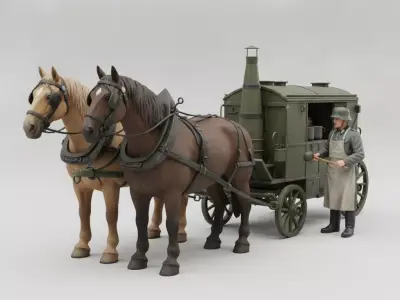 WWII Field Kitchen Wagon with Horses 3D Printable STL Model 3D print model