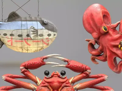 Game Ready Japanese Signs Sea Creatures Pack Low-poly 3D model