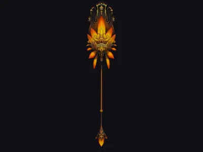 Magical Staff Magic Stick Wand Golden Flower Plumage Props Low-poly 3D model