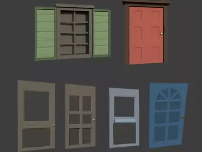 Wooden Window and  Doors Low-poly 3D model