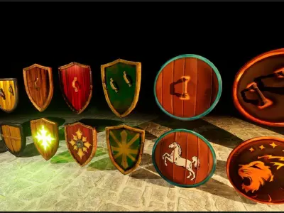 12 Stylized Medieval Shields Low-poly 3D model