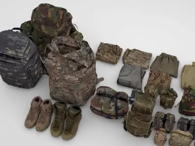 Military collection uniform backpacks pouches body armour 3D model