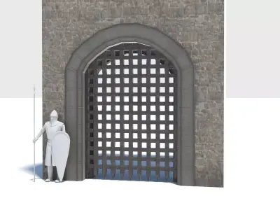 Medieval portcullis gate and winch animated Low-poly 3D model