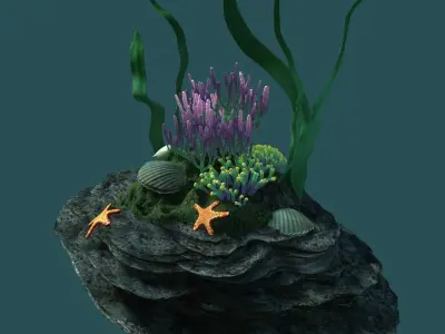 Coral rock with seaweed and starfish 3D model