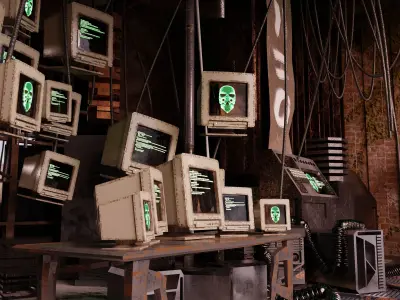 3d lowpoly Cyberpunk style dystopic computer room Low-poly 3D model